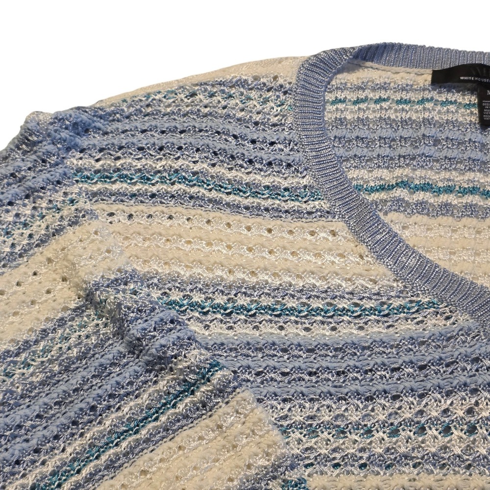 WHBM V-Neck Sweater Women M Blue Striped Good Open Knit 3/4 Sleeve Pullover - Picture 2 of 11